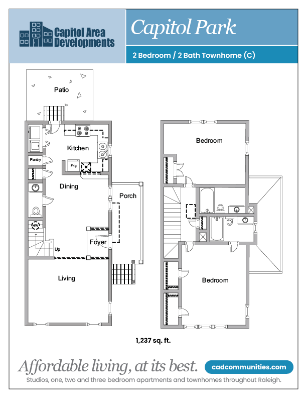 Floor plan for 2 beds, 2 baths, 1237 sqft